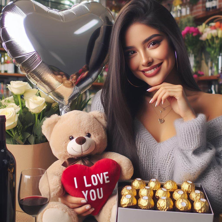 mujer feliz con regalos globos, peluche, chocolates y vino
