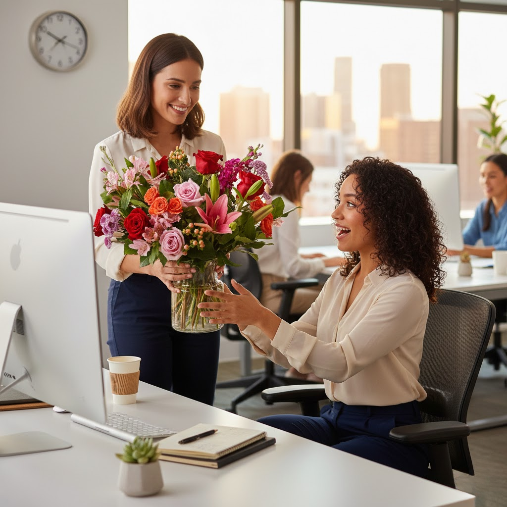Bouquet de flores mixtas en florero, diseño elegante ideal para regalo en oficina en Bogotá