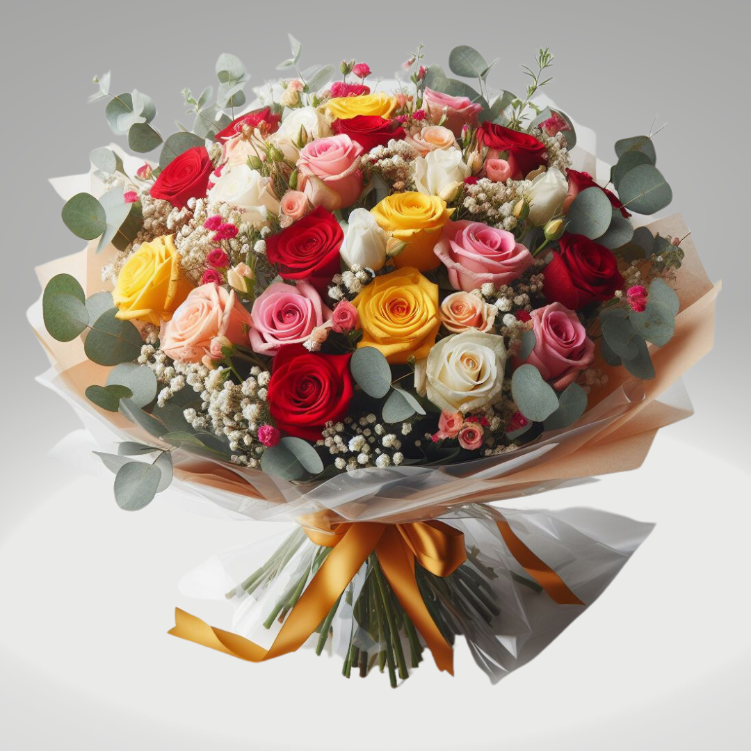 Arcoiris Floral, experimente la magia de la naturaleza con nuestro hermoso ramo de 50 rosas de colores, acompañado de fragante eucalipto.