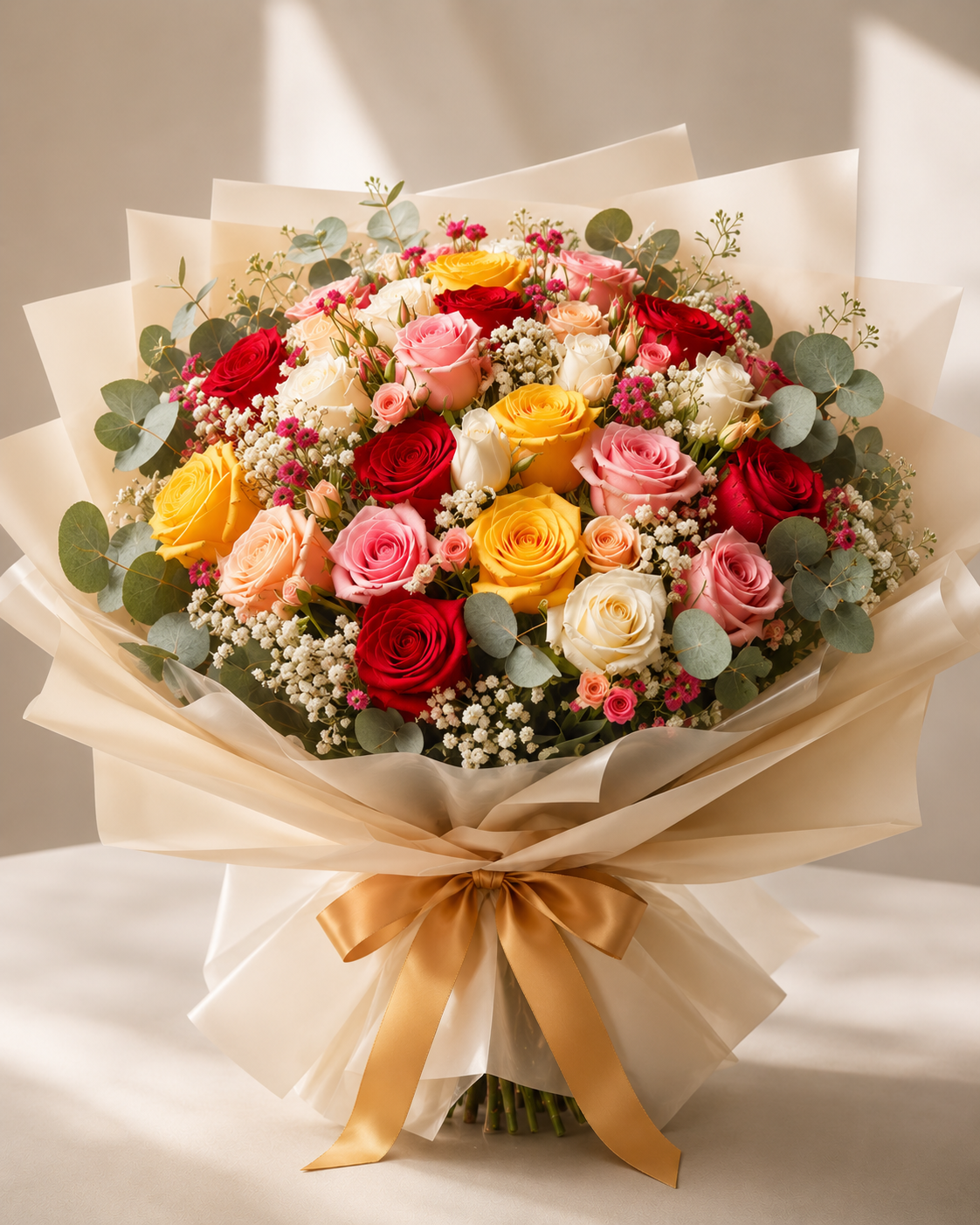 Arcoiris Floral, experimente la magia de la naturaleza con nuestro hermoso ramo de 50 rosas de colores, acompañado de fragante eucalipto.