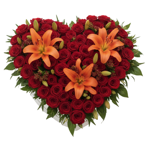 Arreglo en forma de corazón con rosas rojas y lirios naranjas, ideal para un regalo romántico de alto impacto en Bogotá.