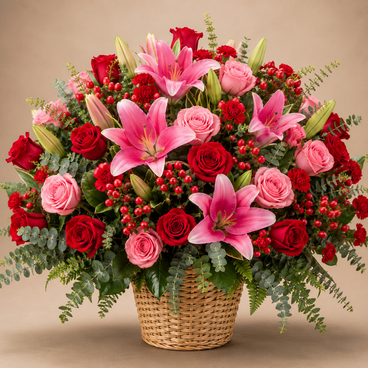 Carmesí | Canasta Premium de Lirios Rosados, Rosas e Hipericum