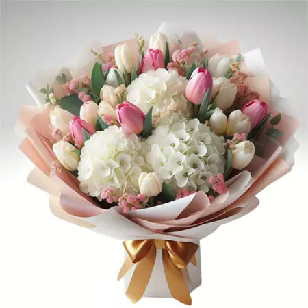¡Sorprende a tus seres queridos con Serena! 🤩 Este ramo incluye tulipanes y hortensias, perfecto para cualquier ocasión. Entrega a domicilio en Bogotá para una sorpresa aún más especial. Floristería Fiore Colombia