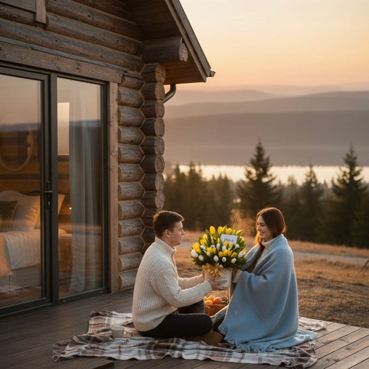 Hombre entregando canasta de 50 tulipanes importados al amanecer en Bogotá