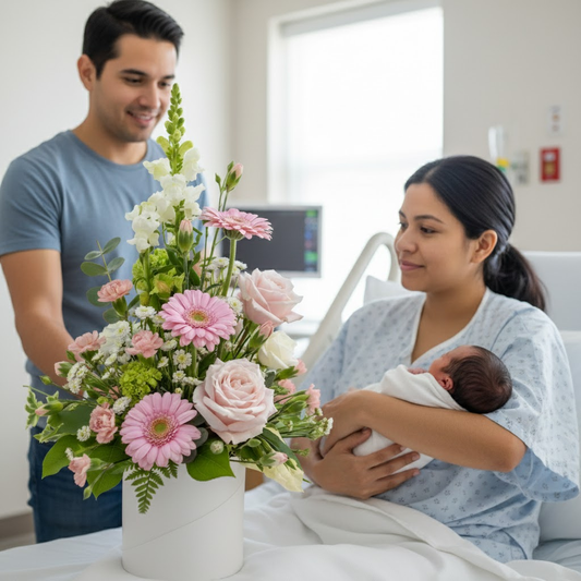 Arreglo floral elegante para nacimiento, ideal para regalar en clínica en Bogotá