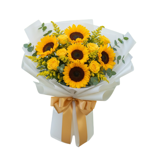 Bouquet de girasoles y rosas amarillas, diseño alegre y luminoso ideal para regalo en Bogotá