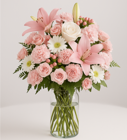 Bouquet de rosas y lirios en florero presentado como regalo elegante en un ambiente familiar en Bogotá.