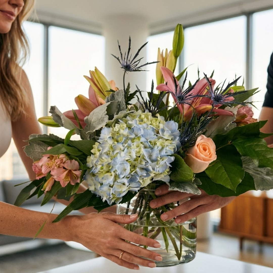 Bouquet natural con hortensias y flores mixtas, diseño orgánico y elegante en Bogotá