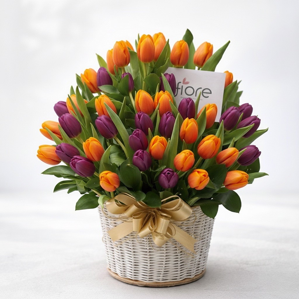 Canasta de 50 tulipanes importados en Bogotá en canasta decorativa con envio a domicilio