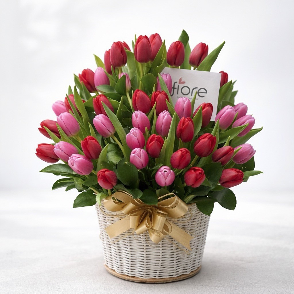 Canasta de 50 tulipanes importados en Bogotá en canasta decorativa con envio a domicilio