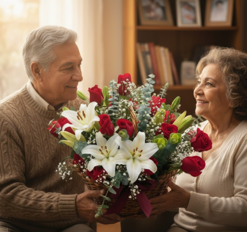 Canasta floral con rosas rojas y lirios blancos entregada como regalo en un ambiente familiar en Bogotá.