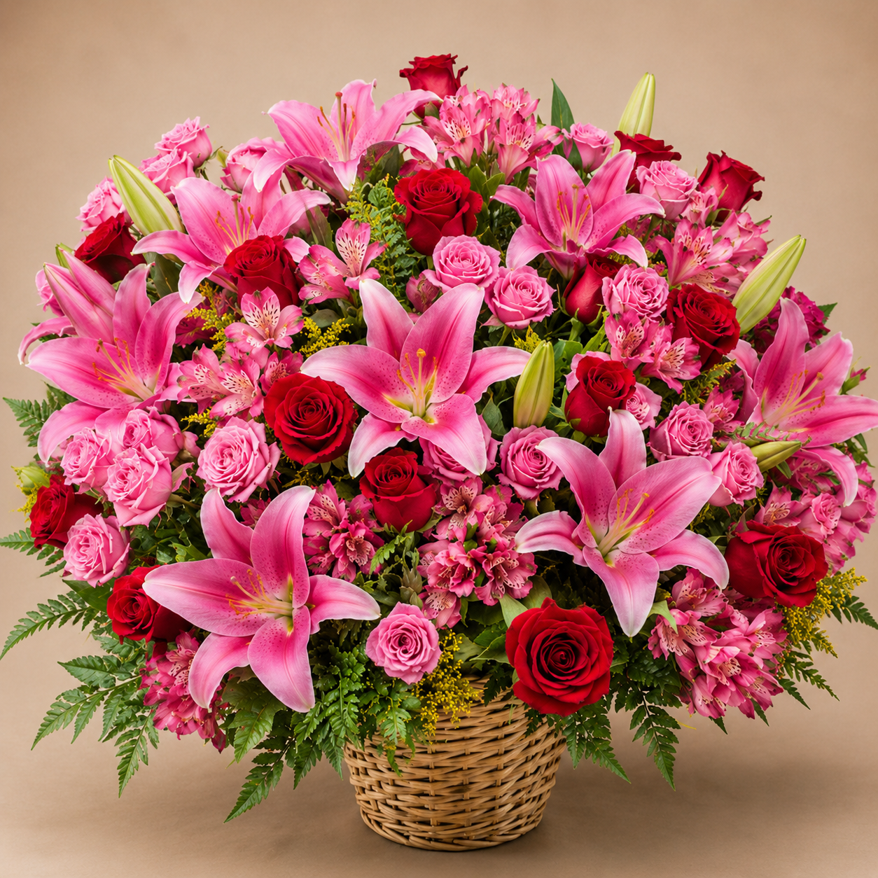 Canasta floral Arrebol elaborada con lirios rosados, rosas rojas, rosas rosadas y follajes frescos en canasto de mimbre por Fiore Colombia.