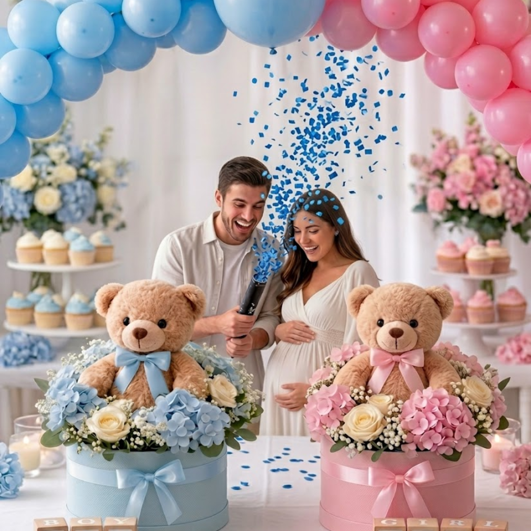 Arreglo floral con oso de peluche y hortensias para bebe en Bogotá, Chía y Cajicá