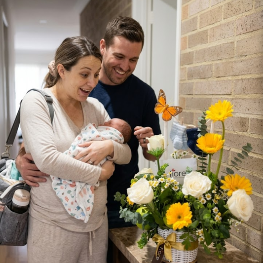 Arreglo floral con tendedero de medias para bebe en Bogotá, Chía y Cajicá