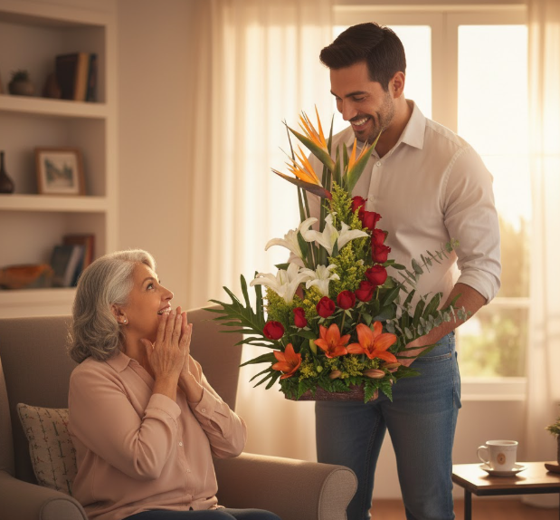 Arreglo floral exótico con aves del paraíso, rosas y lirios entregado como regalo de alto impacto en Bogotá.