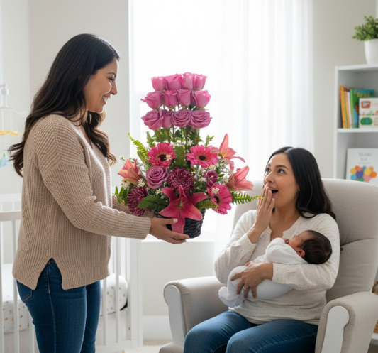 Arreglo floral alto con rosas y lirios entregado como sorpresa en un ambiente familiar en Bogotá.