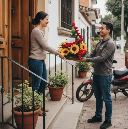 Arreglo floral con girasoles y rosas entregado como regalo alegre en un ambiente exterior en Bogotá.