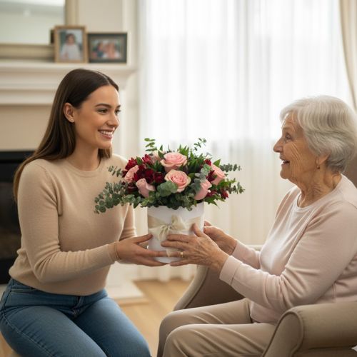 Arreglo floral con rosas en tonos suaves entregado como regalo de cariño en un ambiente familiar en Bogotá.