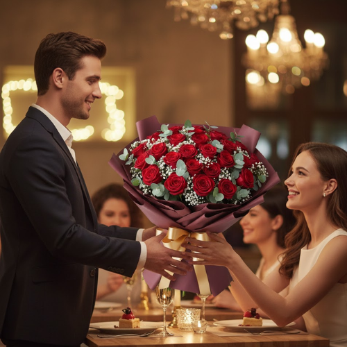 Bouquet de 50 rosas rojas premium con eucalipto, diseño elegante ideal para aniversarios en Bogotá