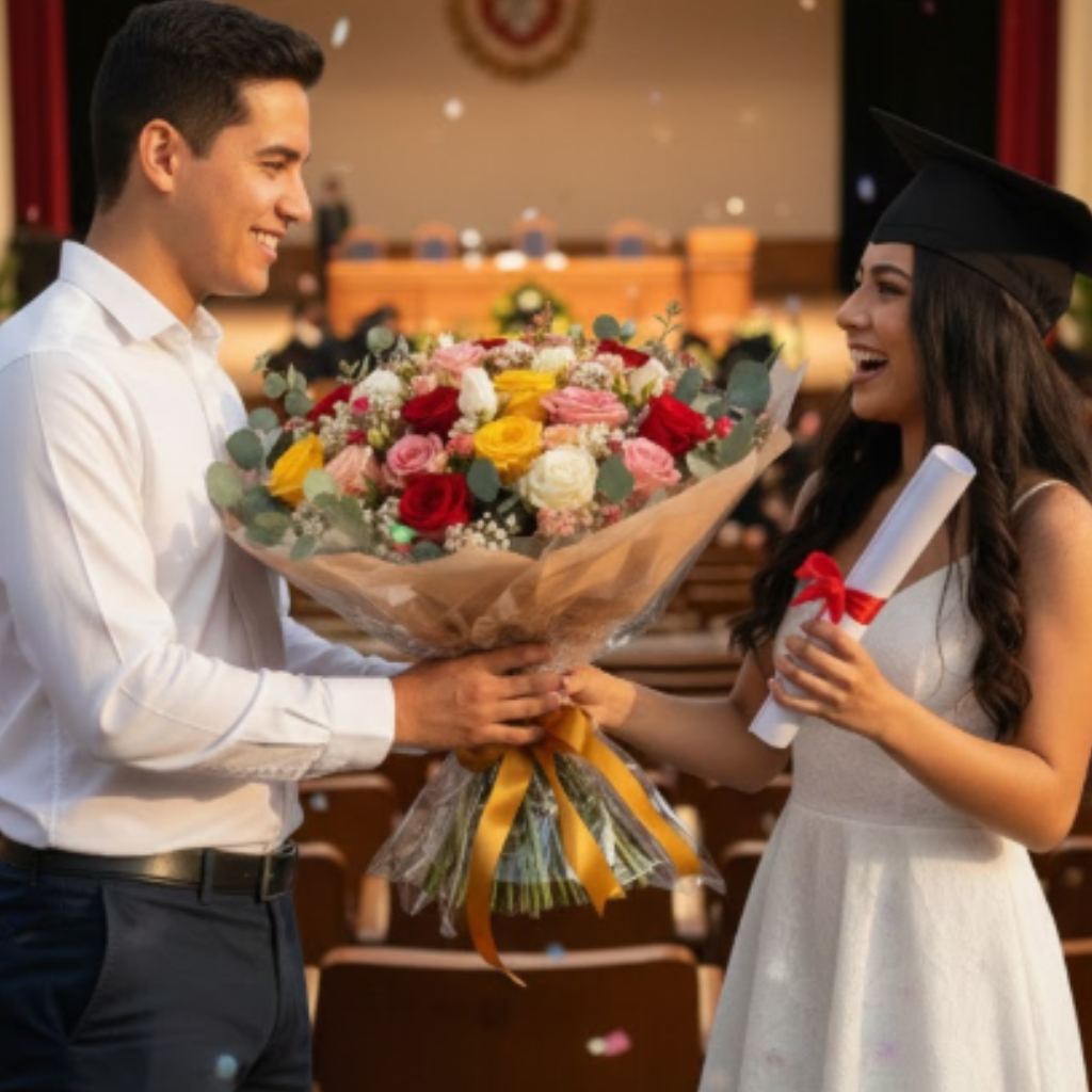 Bouquet de 50 rosas surtidas con eucalipto, diseño vibrante ideal para celebraciones y grados en Bogotá