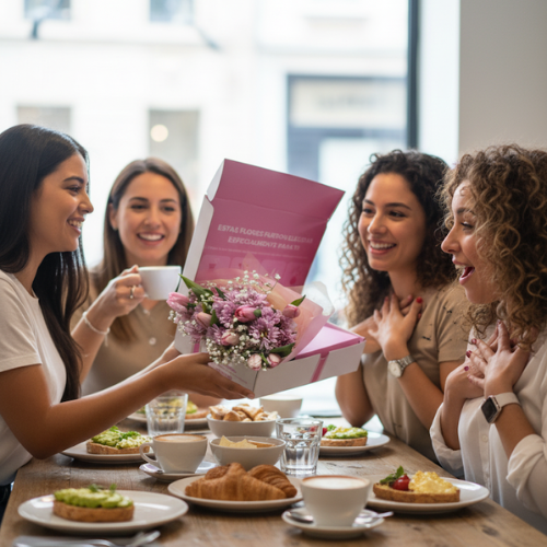 Bouquet en caja con tulipanes y margaritas entregado como regalo entre amigas en un ambiente cálido en Bogotá.