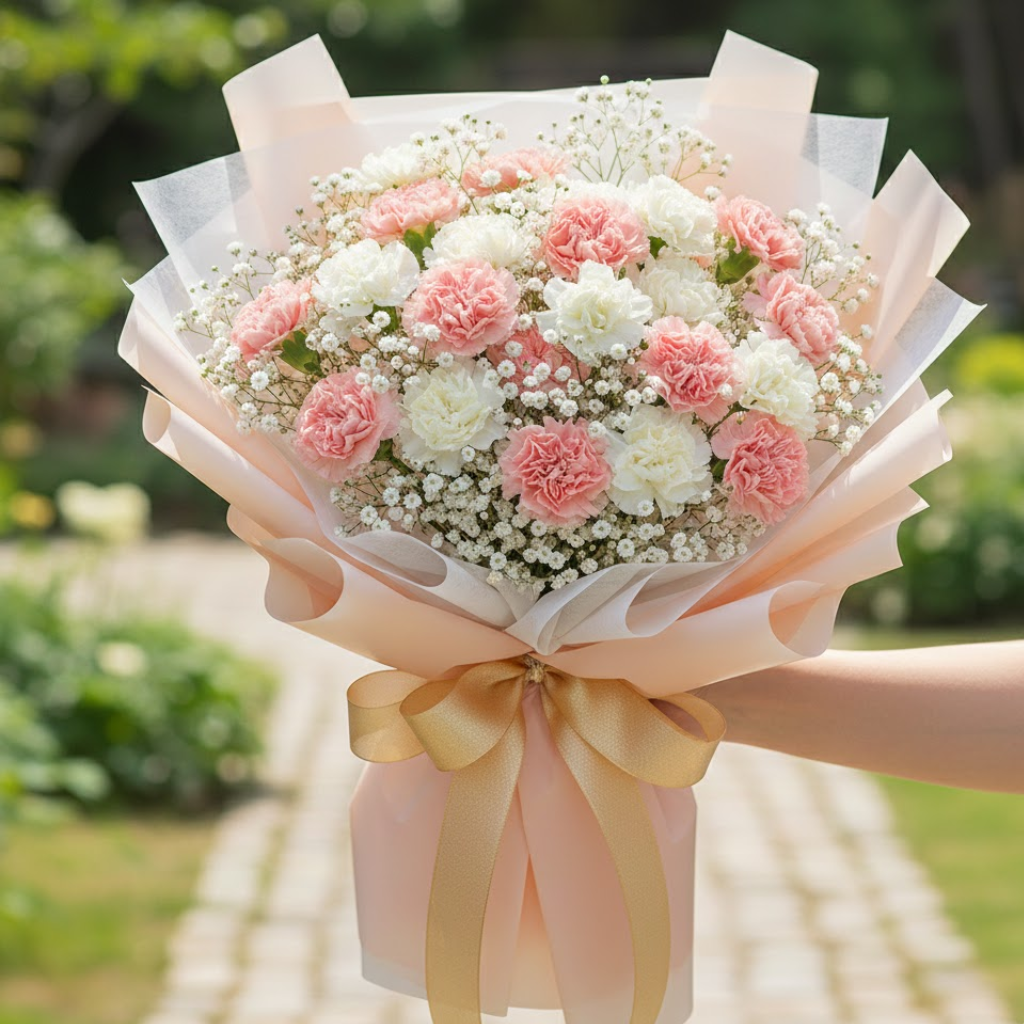 Bouquet de claveles y flores delicadas, diseño suave y elegante ideal para regalo en Bogotá