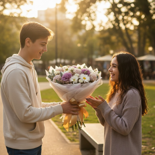 Bouquet de flores en tonos suaves entregado como regalo en un ambiente exterior al atardecer en Bogotá.