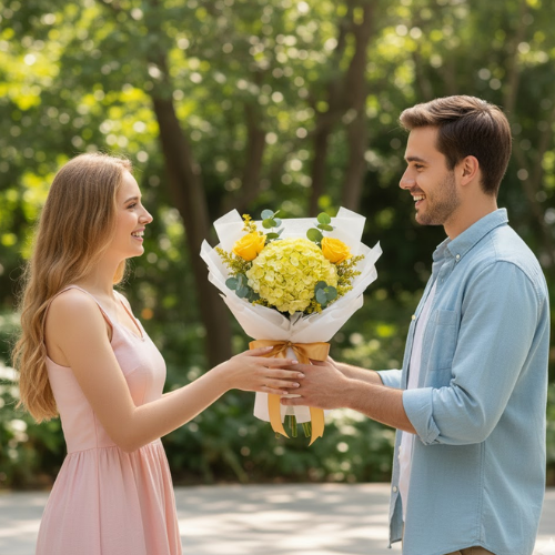 Hombre entregando bouquet de hortensias y rosas amarillas en parque en Bogotá