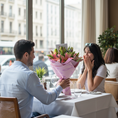 Bouquet de lirios rosados entregado como regalo romántico en un restaurante en Bogotá.