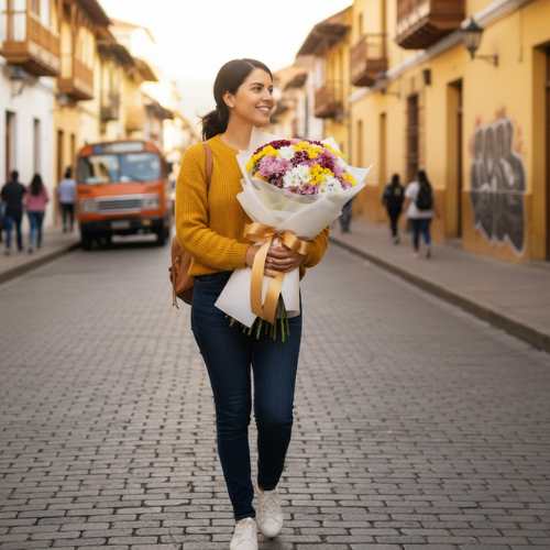 Mujer caminando en ciudad con bouquet de margaritas y flores surtidas en Bogotá