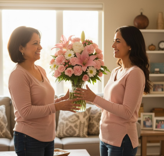 Bouquet de rosas y lirios en florero presentado como regalo elegante en un ambiente familiar en Bogotá.