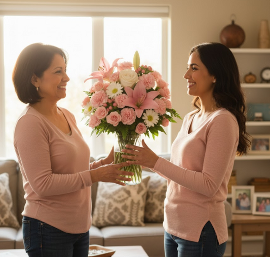 Bouquet de rosas y lirios en florero presentado como regalo elegante en un ambiente familiar en Bogotá.