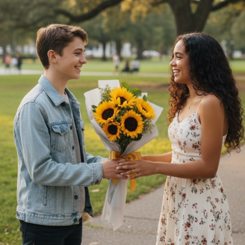 Hombre entregando bouquet de girasoles en parque en Bogotá