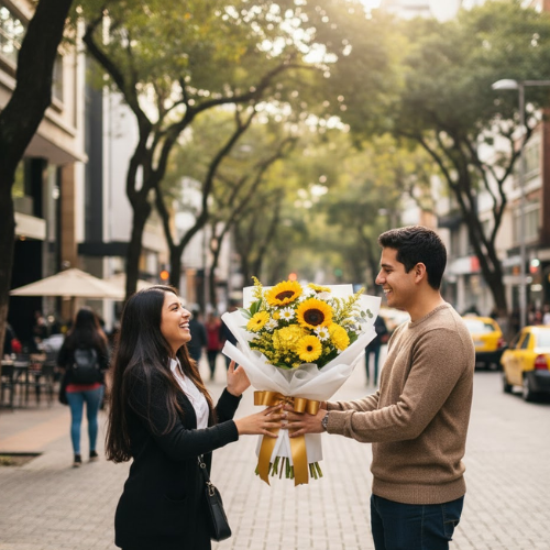 Hombre entregando bouquet de girasoles y flores amarillas en calle de Bogotá
