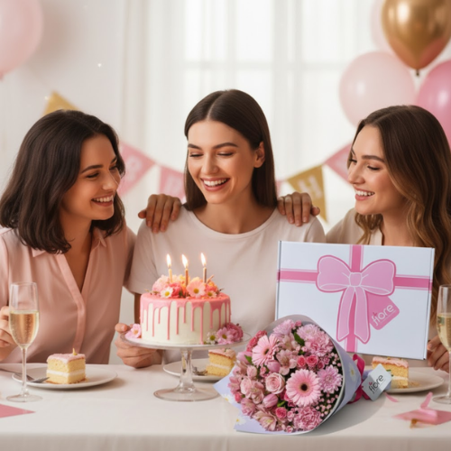 Caja floral con variedad de flores en tonos rosados presentada como regalo sorpresa en un ambiente de celebración.
