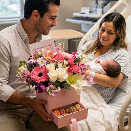 Caja floral con rosas y macarons entregada como regalo para mamá tras el nacimiento de un bebé, en un ambiente cálido y familiar.