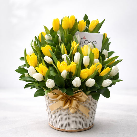 Canasta de 50 tulipanes importados en Bogotá en canasta decorativa con envio a domicilio