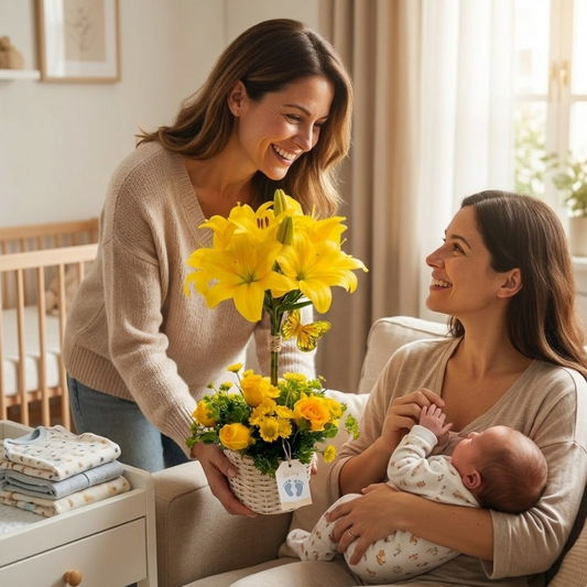 Canasta floral con lirios amarillos y rosas entregada como regalo para nacimiento de bebé, en un ambiente cálido y familiar en Bogotá.