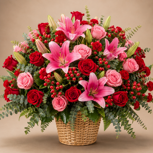 Carmesí | Canasta Premium de Lirios Rosados, Rosas e Hipericum