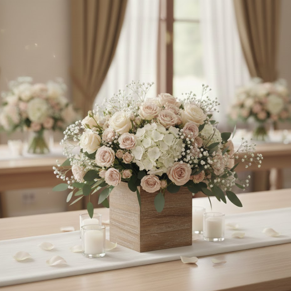 Centro de mesa floral para boda civil con rosas y hortensias, diseño elegante en Bogotá