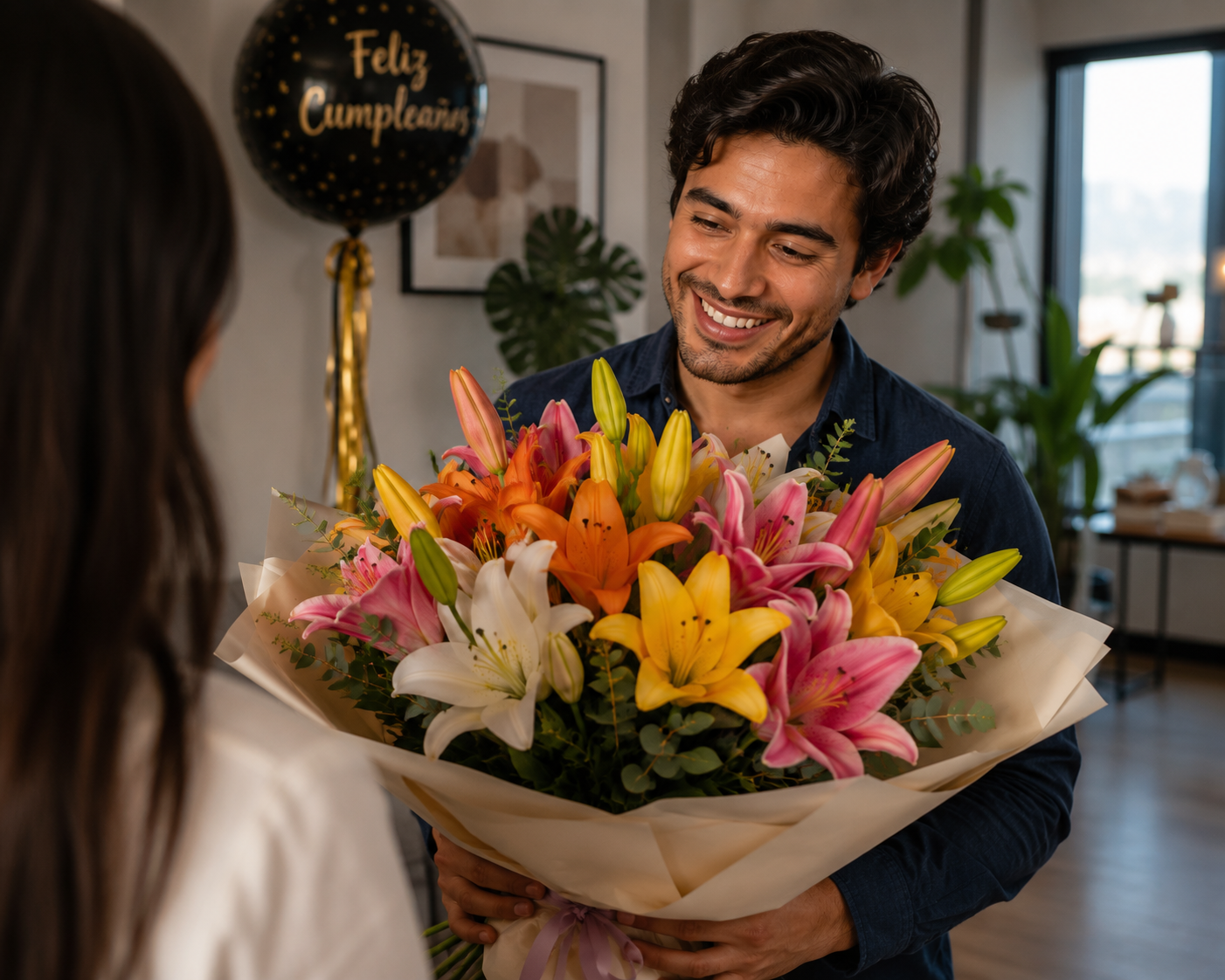 Hombre recibiendo el bouquet Ocaso de lirios de colores de Fiore como regalo de cumpleaños en Bogotá.
