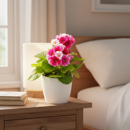 Planta primaveras decorando mesa de noche en habitación moderna en Bogotá