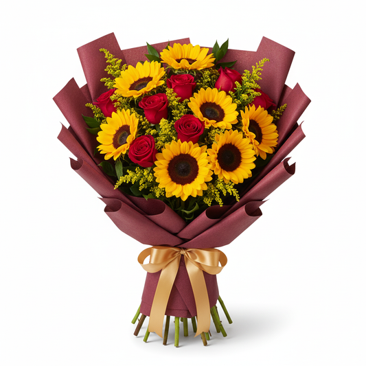 Bouquet de girasoles y rosas rojas presentado como regalo romántico en un entorno urbano en Bogotá.